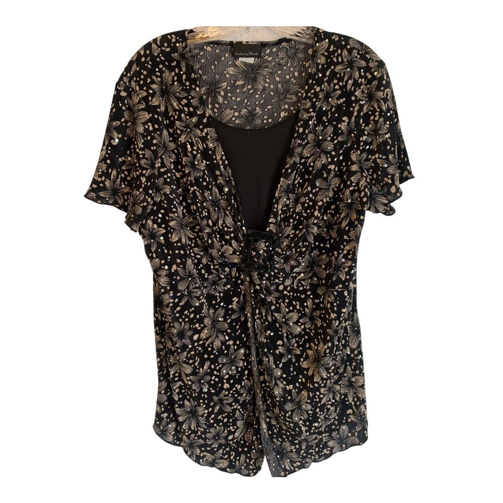 Brittany Black Womens 2X Floral Print Pleated Flowy Y2K Blouse Short Sleeve Work